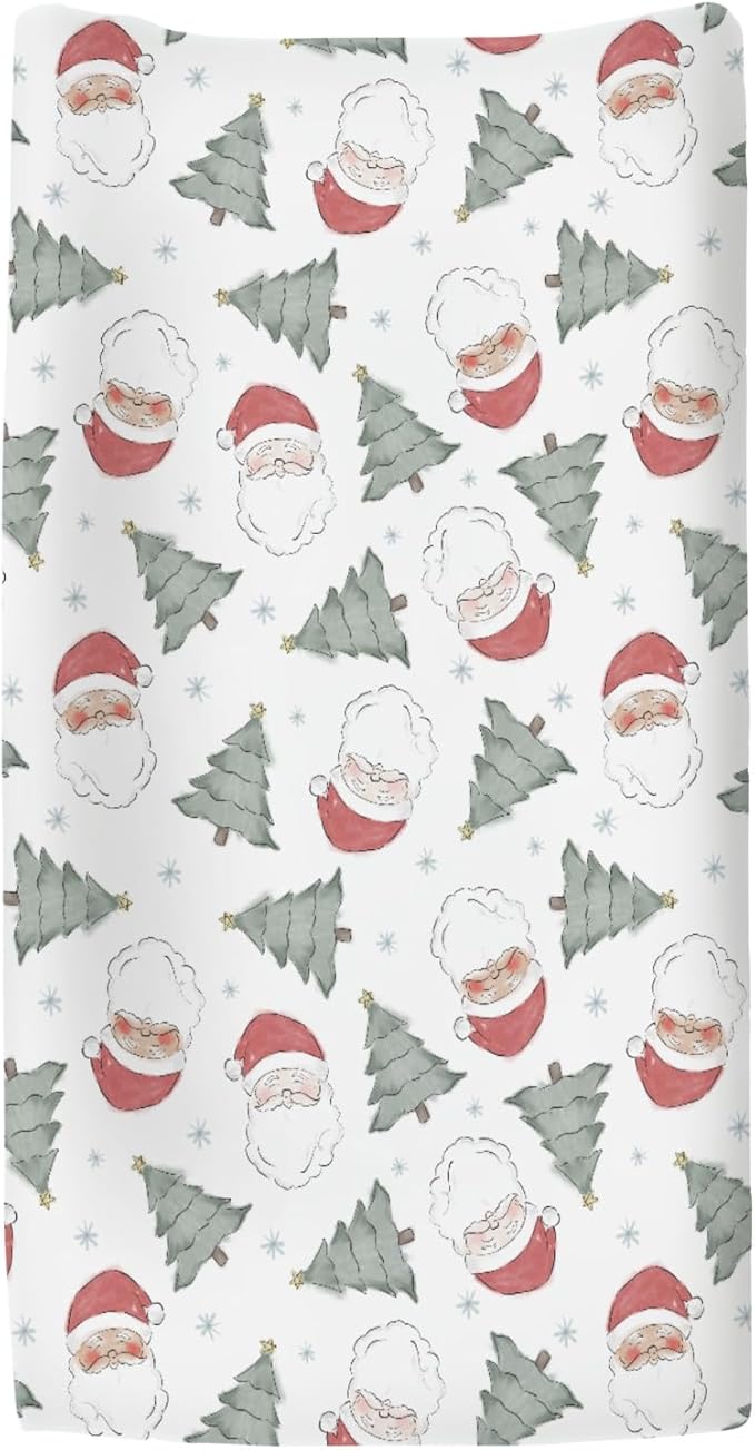 Pastel Santa Christmas Trees Baby Changing Pad Covers for Boy Girl Red Santa Claus Snowflakes Fitted Changing Table Cover Mats Winter Holiday Festive Soft Diaper Change Table Cover Sheets 32''×16''