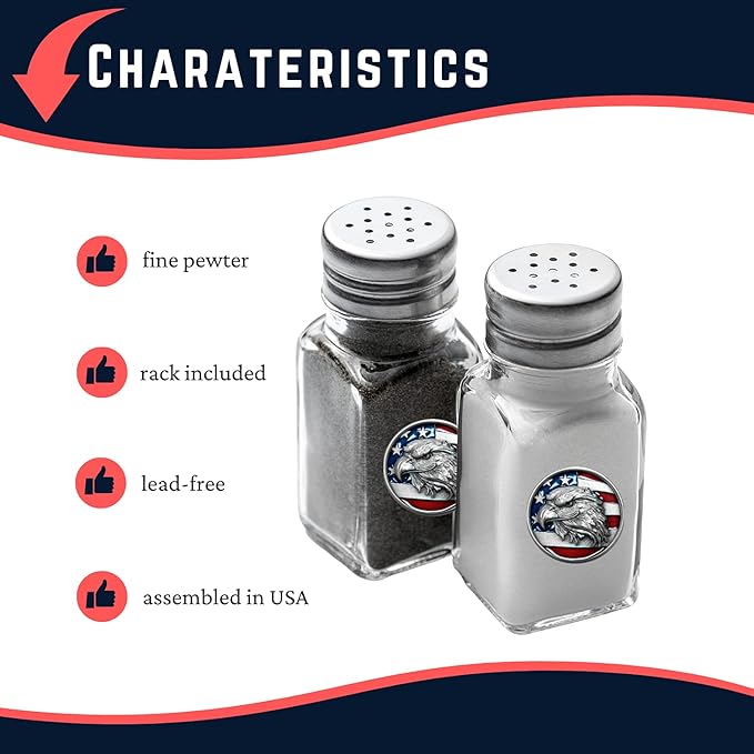 Heritage Pewter Eagle with Flag Salt and Pepper Shaker Set of 2 Bottles | Expertly Crafted Pewter Glass