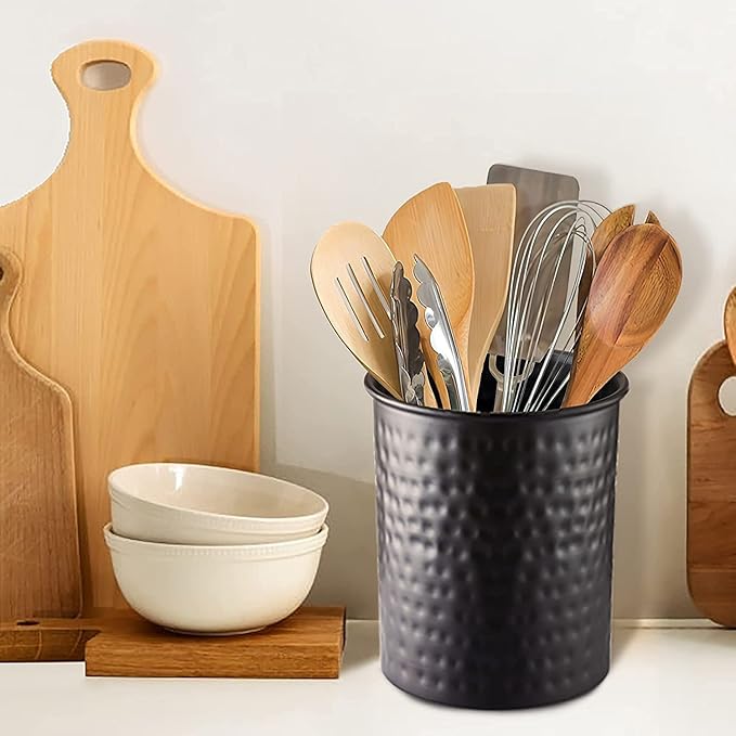 Monarch Abode Kitchen Utensil Holder – Hand Hammered Metal Black Utensil Holder, Decorative Utensil Crock for Kitchen Counter, Cooking Tool and Spatula Holder for Countertop, Caddy Organizer