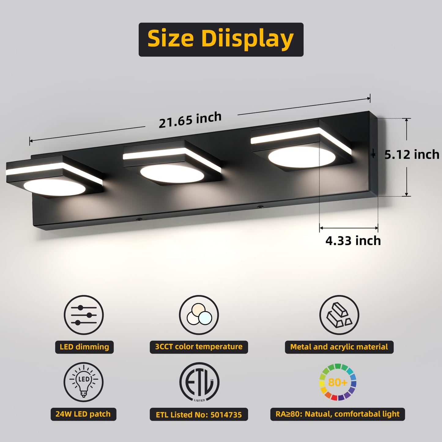 Okeli Bathroom Light Fixtures  Matte Black Vanity Light Modern Led Acrylic Lighting Fixtures  Bathroom Accessories Dimmer Lamps  3Cct  22-Inch