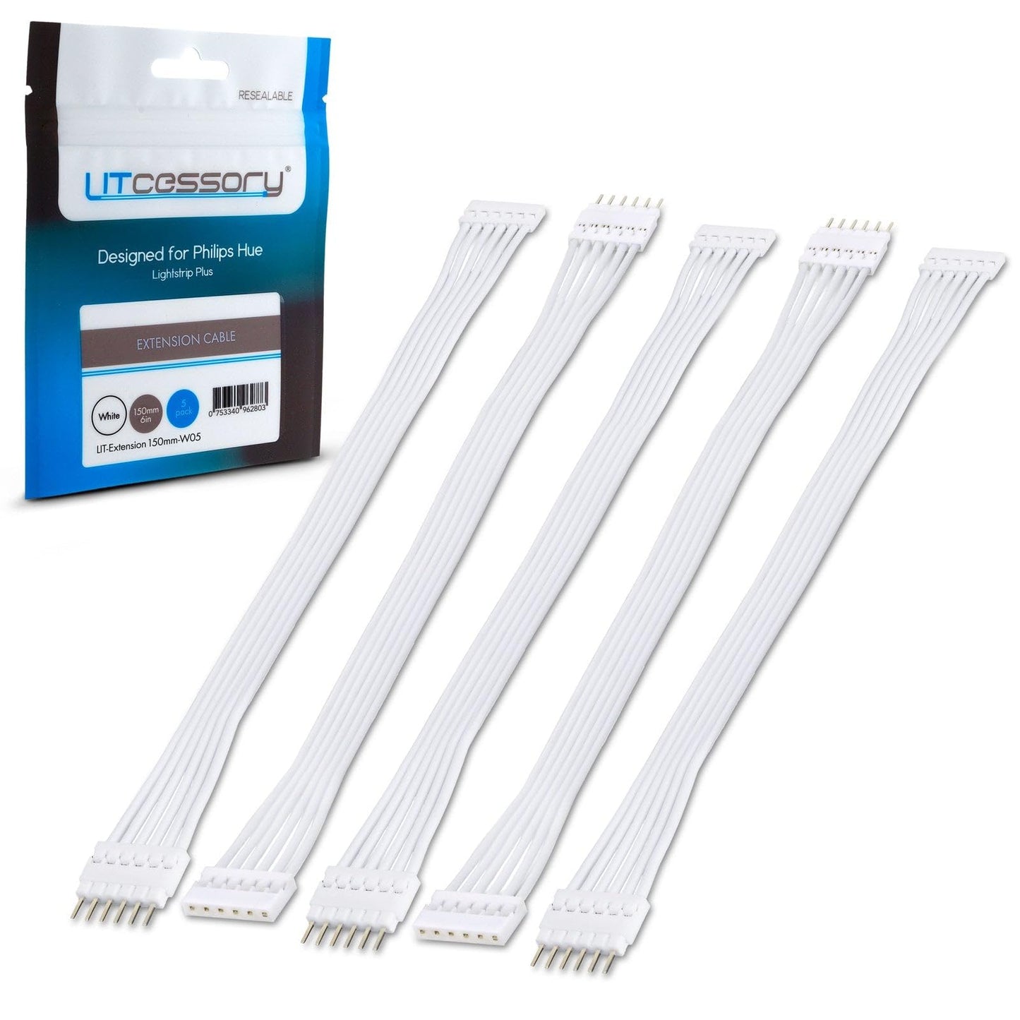 Litcessory Extension Cable For Philips Hue Lightstrip Plus - 6In, 5 Pack, White, Standard 6-Pin V3, Plastic Material