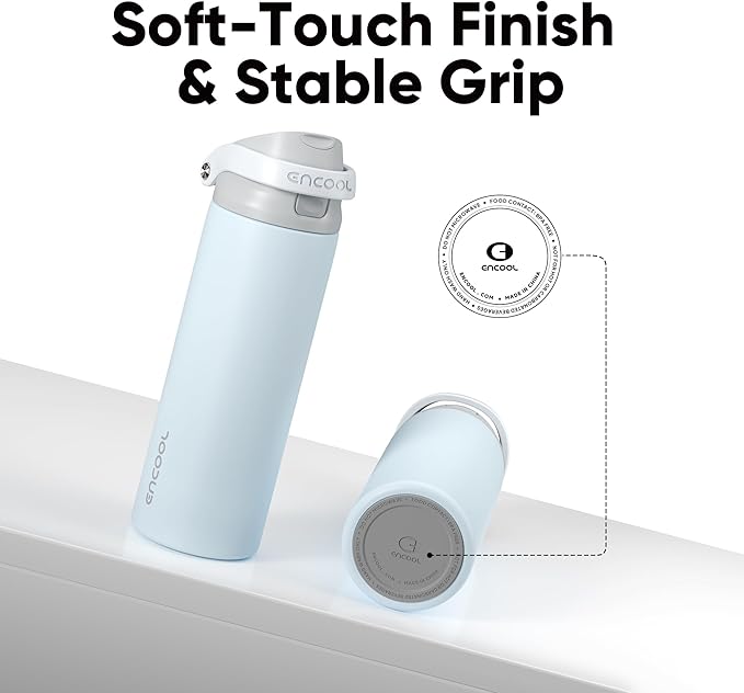 ENCOOL Leakproof Insulated Water Bottle with Straw Dual-Sip Water Bottle Bag-Safe Design for Work, Commute & Gym – Keeps Drinks Cold All Day, 18 oz, Misty Grey