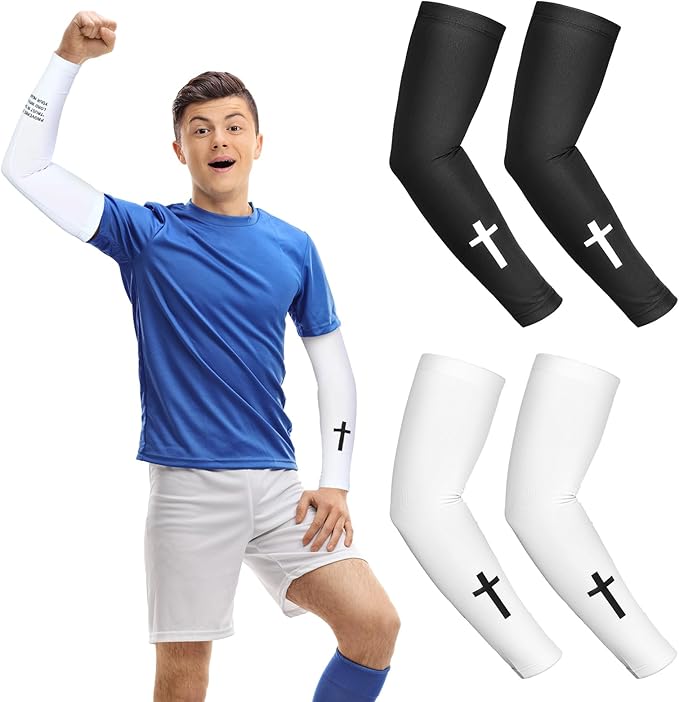 Bunnycool 2 Pairs Cross Arm Sleeve Christian Compression Arm Sleeve Youth Football Baseball Volleyball