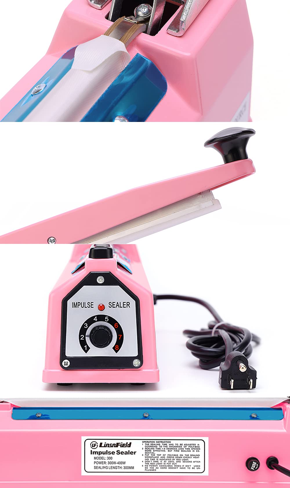 LinsnField Sealer Pro, Patented 8-inch Impulse Heat Sealer, 2-mm Sealing Width Super Heavy Duty Bag Sealing Machine with Extra 2 Replacements, 1Fuse Included, Pink