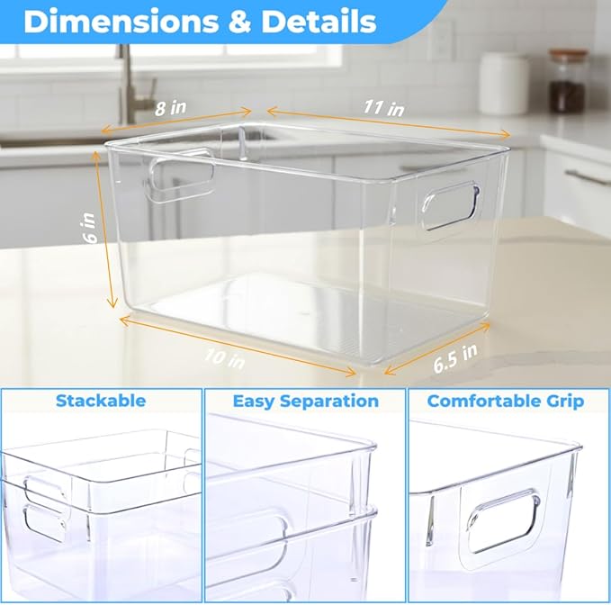 MOONEDGE Open Clear Plastic Storage Bins Stackable Organizer Containers with Handles for Kitchen, Pantry, Fridge, Cabinet, Closet Storage & Home Organization 8 Pack（11 x 8 x 6 in）