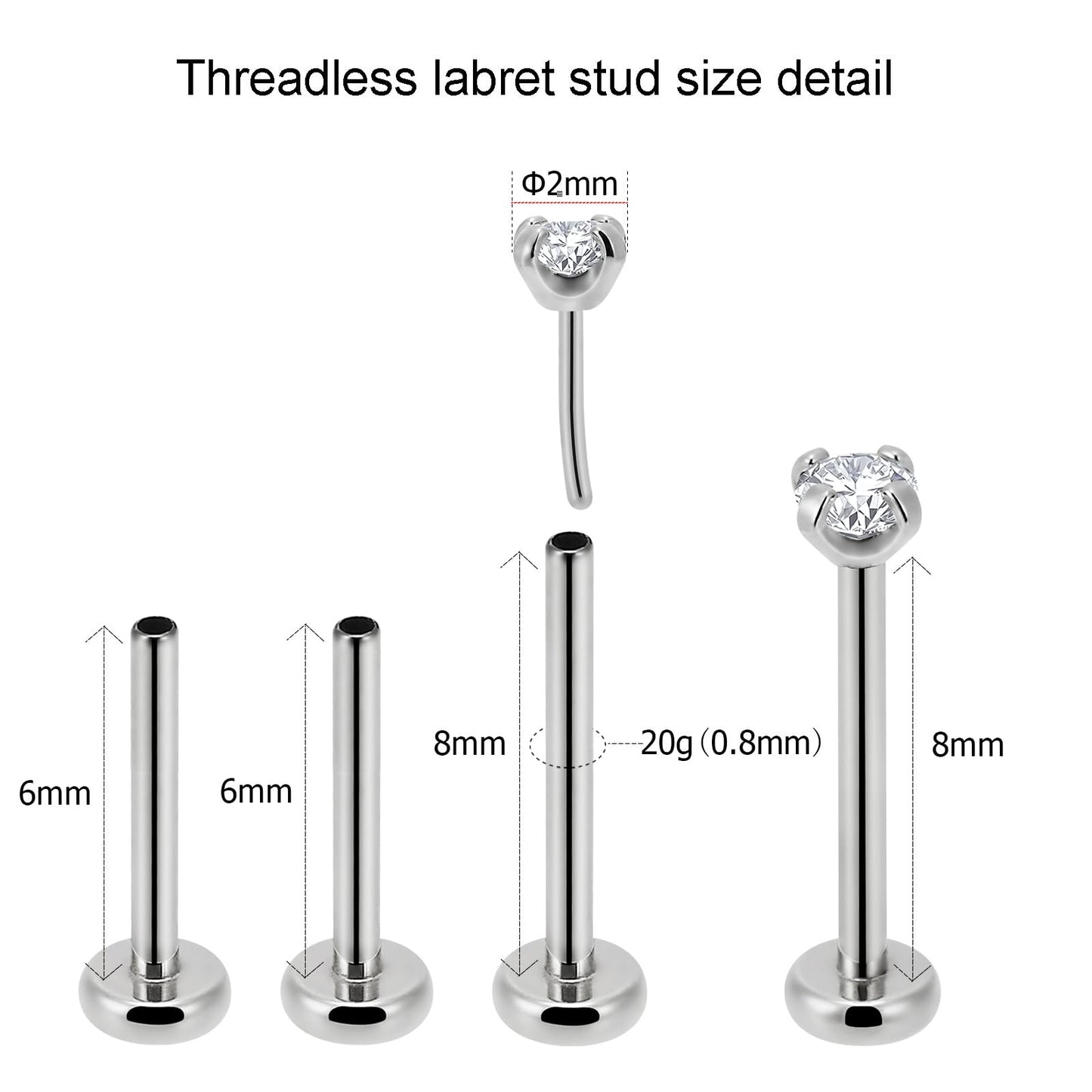 NewkeepsR 2PCS-0.8mm(20g) G23 Titanium Press Fit Threadless Push Pop In Labret Lip Monroe Tragus Smallest Flatback Earring Studs