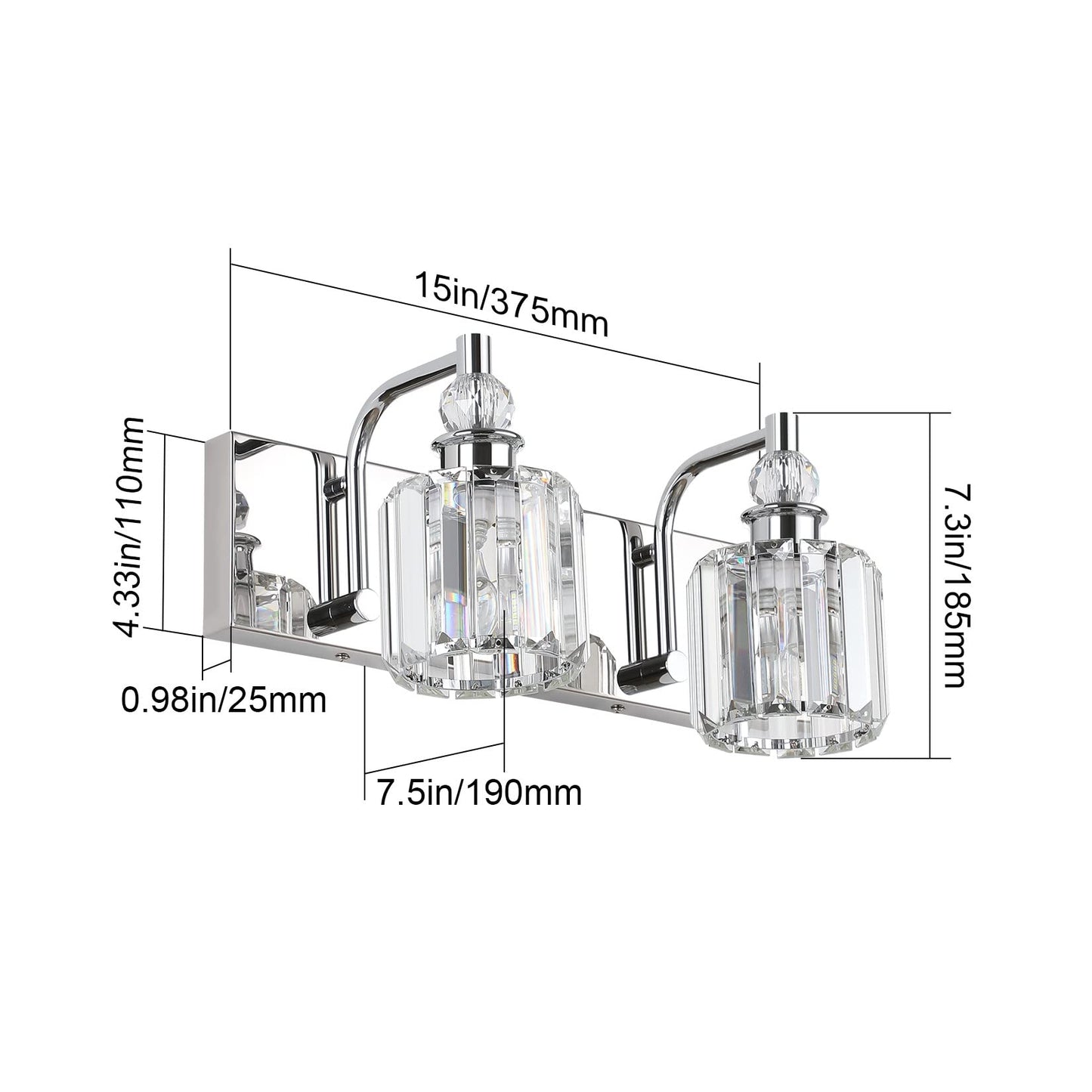 Ralbay Crystal Vanity Light - Modern Chrome 2-Light Bathroom Fixture, 15 Stainless Steel, Model 8605
