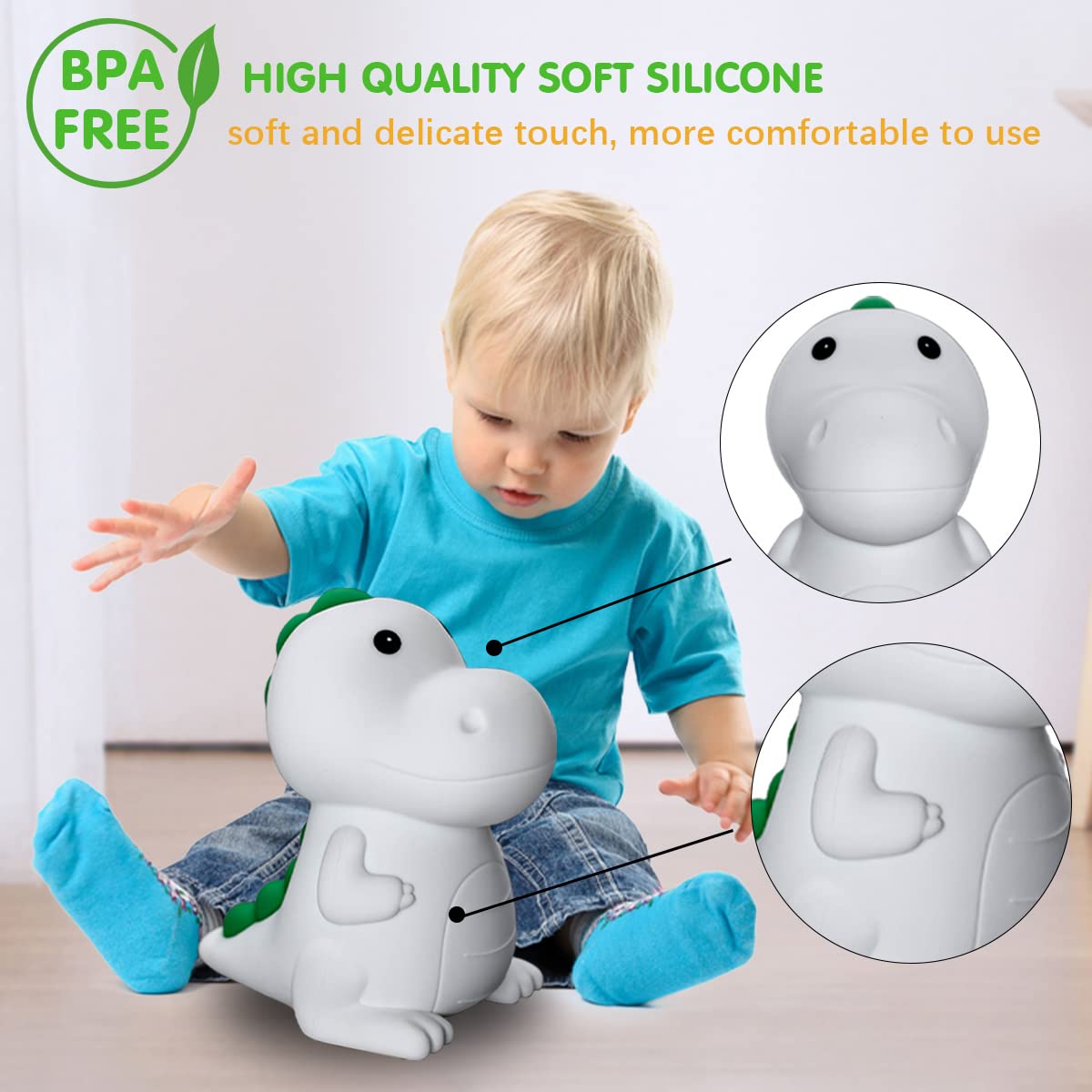 LEDHOLYT Dinosaur Night Light for Kids, Cute Silicone Lamp, Model JXJA020, Kawaii Bedside Lamp for Baby and Toddler