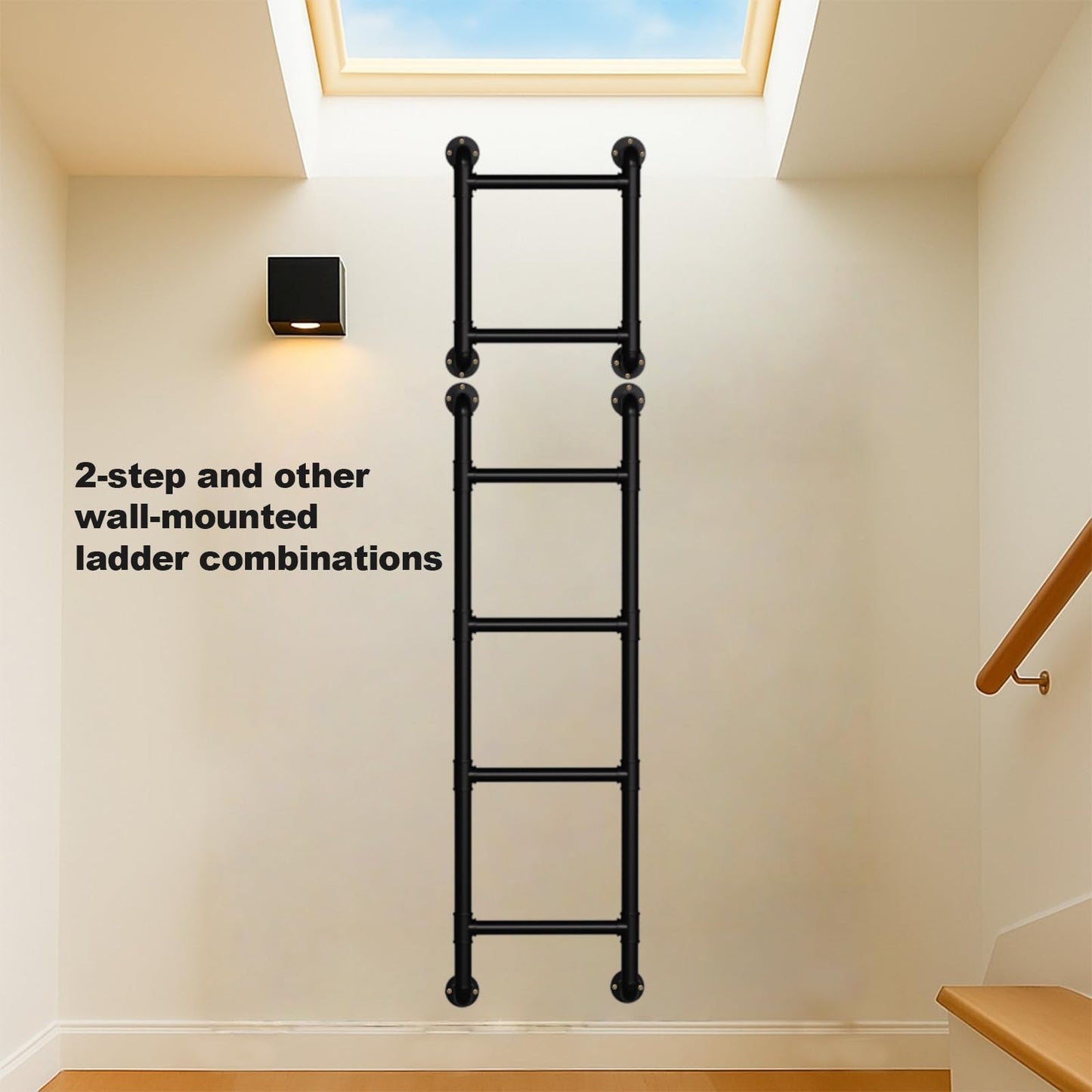3/4/5/6/7/8FT Safety Wall Mounted Steel Ladder - 2-Rung Pipe Egress Ladder for Window Well, Loft, Warehouse, Blanket Rack | Indoor & Small Space Use