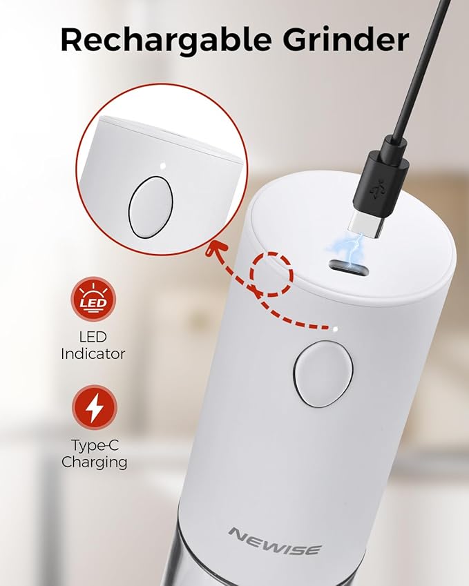Electric Salt and Pepper Grinder Rechargeable with Light, Electric Salt and Pepper Shakers, Automatic & Adjustable Coarseness, Kitchen Gadgets, White