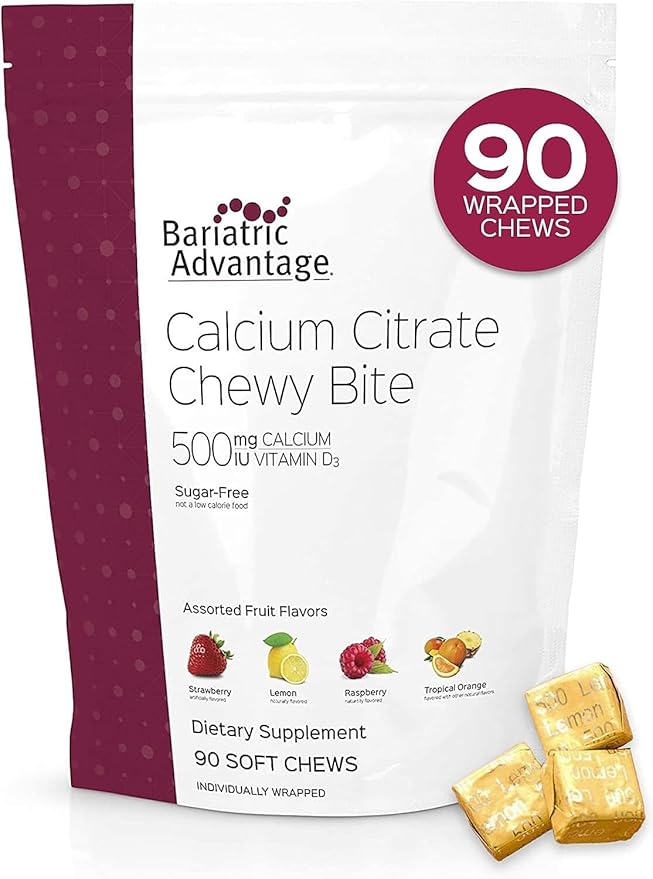 Bariatric Advantage Calcium Citrate Chewy Bites 500 mg - for Bariatric Surgery Patients - Vitamin D3 - Sugar-Free Chewable Calcium Supplement - Bariatric Chews - Assorted Fruit - 90 Count