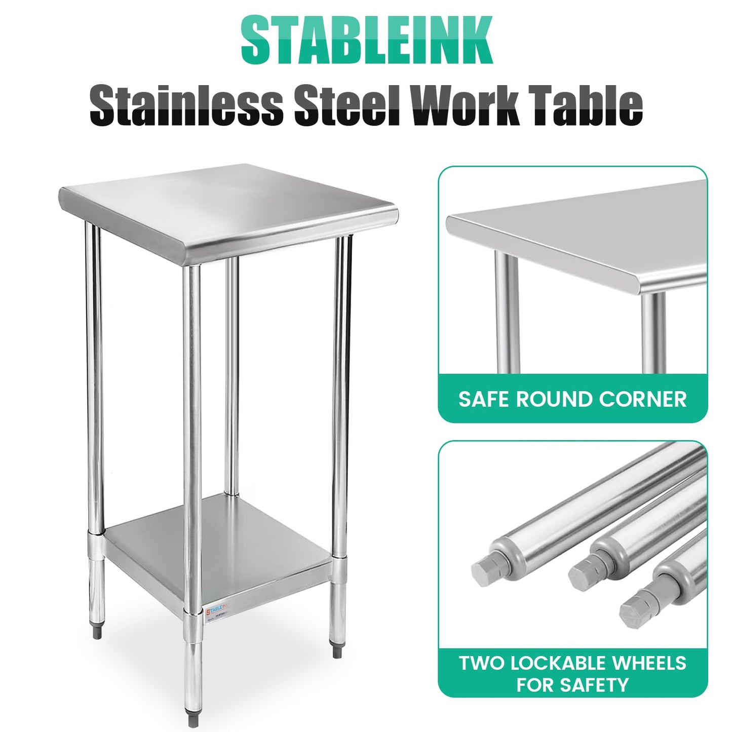 STABLEINK NSF Stainless Steel Table, 24 x 14 Inches Metal Prep & Work Table with Adjustable Undershelf, for Commercial Kitchen, Restaurant, Hotel and Garage,Small Stainless Steel Table
