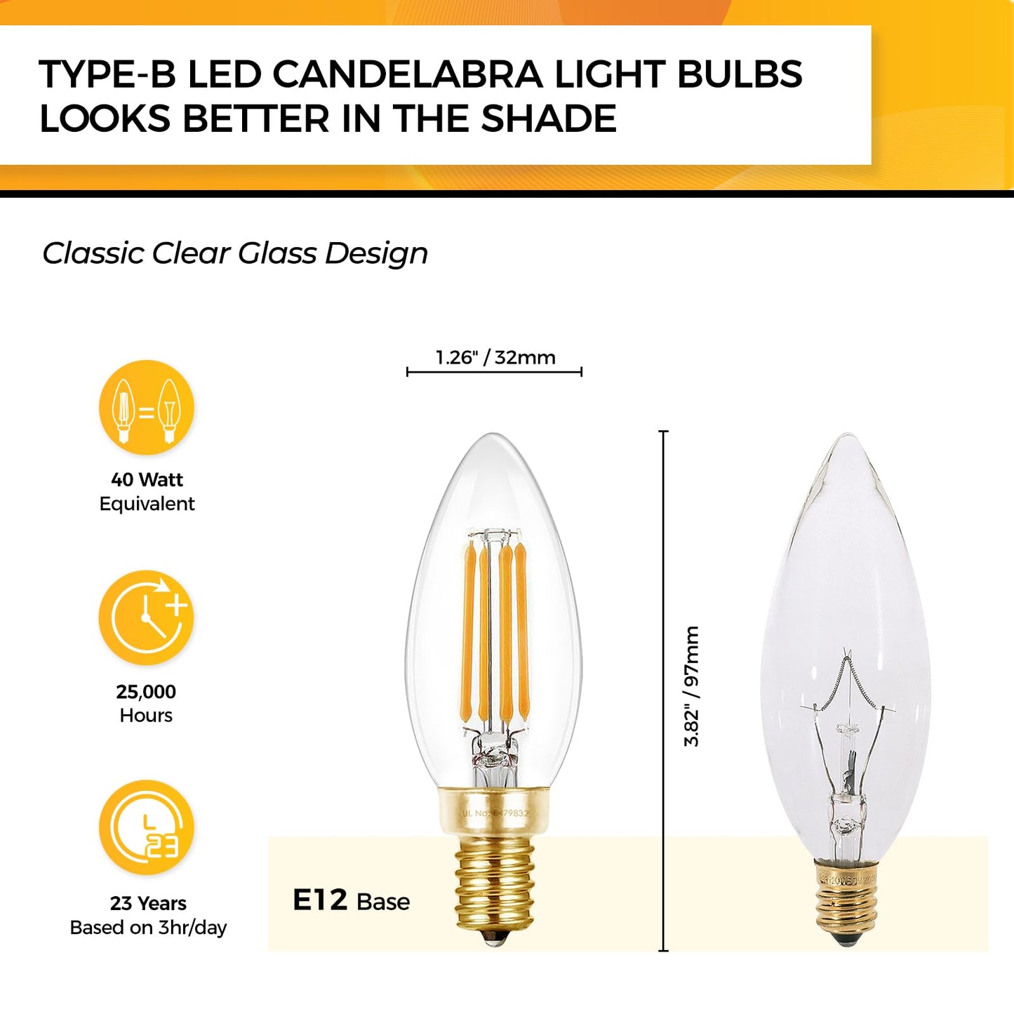 Hizashi E12 Candelabra LED Bulbs 40W Dimmable 2700K Soft White Glass 12 Pack