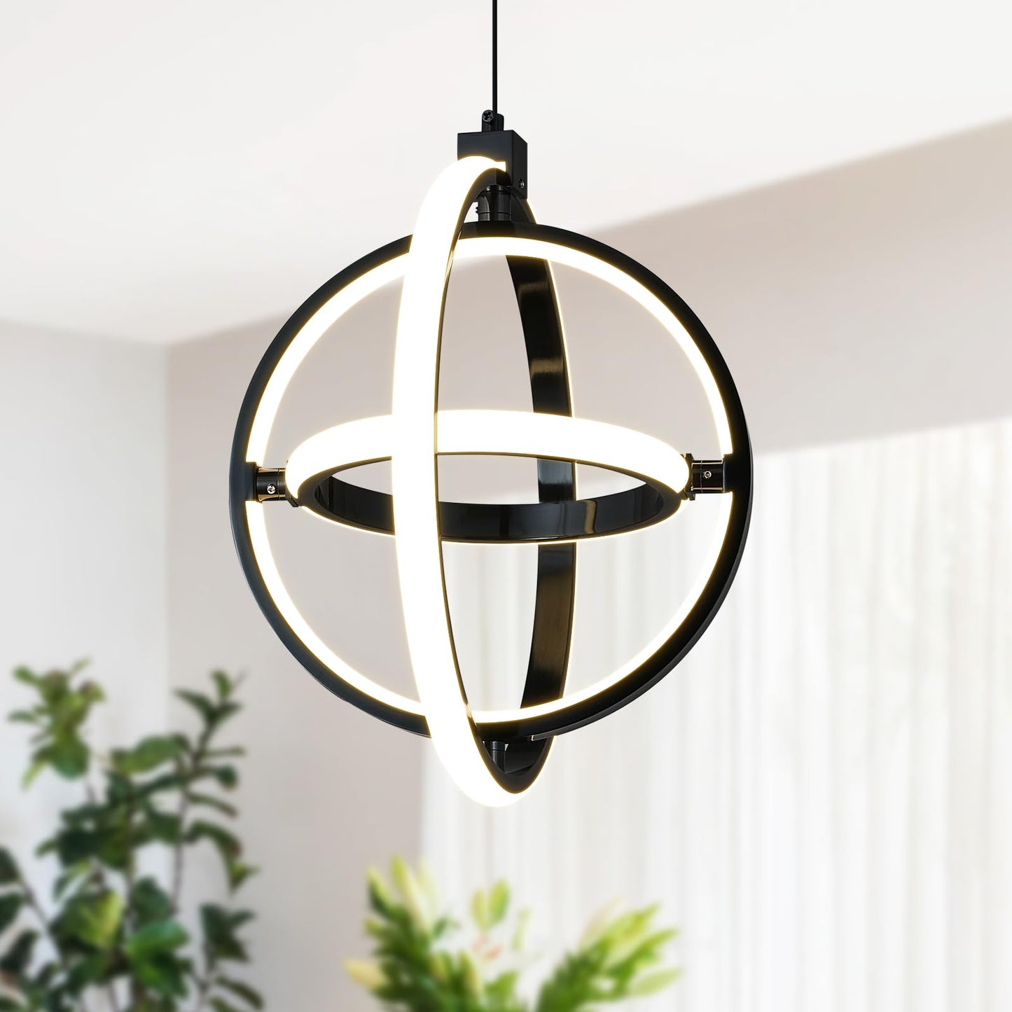 Bnhhlz Modern Led Pendant Light Black Pendant Lights 4000K Dimmable External Glow Height Adjustable Pendant Lighting For Kitchen Island Dining Room Bedroom Living Room Foyer(3-Ring)