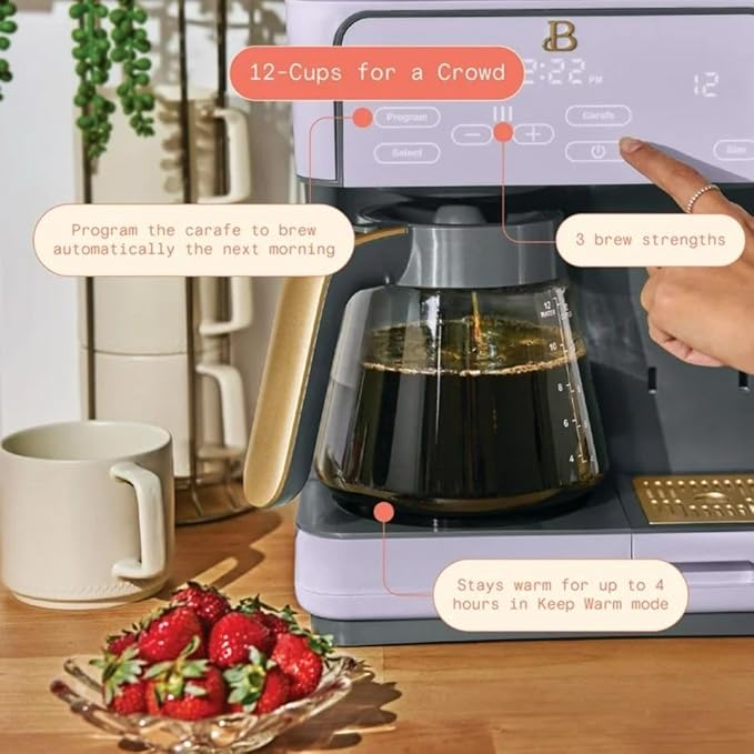 Beautiful by Drew Barrymore Multi-Brew Coffee Maker, 12-Cup Carafe + Single-Serve, Pods or Grounds, Over Ice, Touch Display. (Lavender)