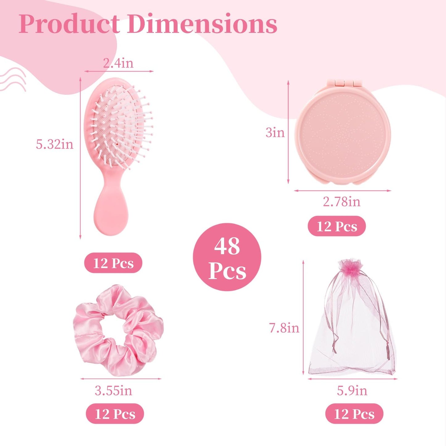 Tideme 48 Pcs Pink Party Favors, Pink Makeup Party Supplies, Including Hair Brushes, Elastic Scrunchies, Pocket Cosmetic Mirrors
