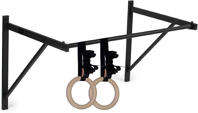 Titan HD Wall Mounted Pull Up Chin Up Bar with 8 in. Wood Olympic Gymnastic Rings - 1.5 in. W Heavy Duty Thick Straps &