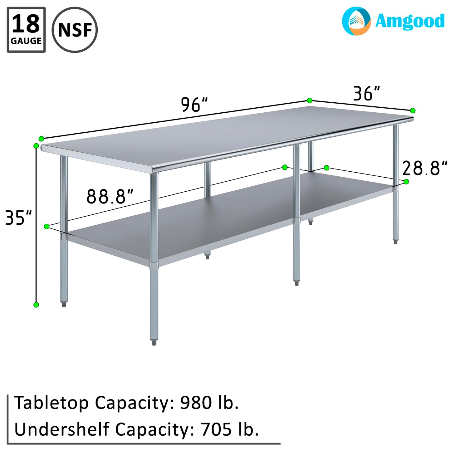 AmGood 36 in. x 96 in. Stainless Steel Work Table | Metal Kitchen Food Prep Table | NSF