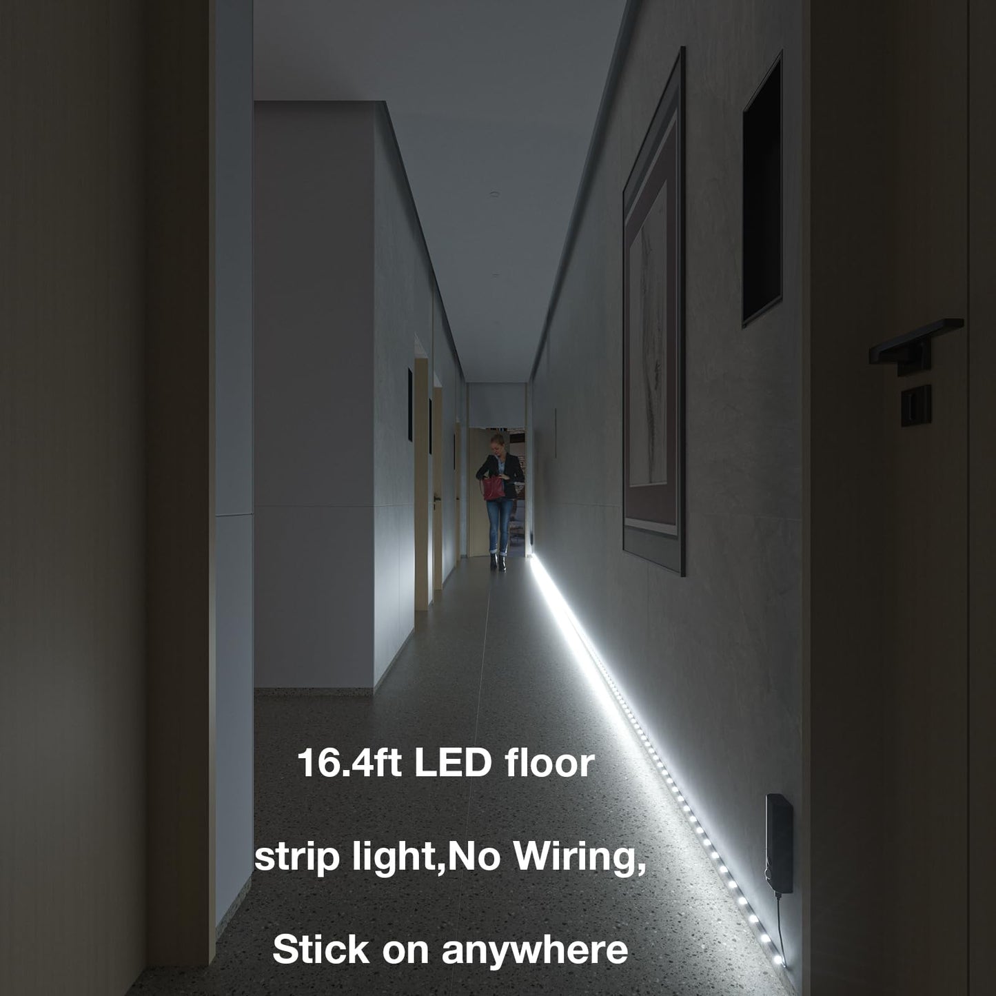 WOBANE LED Light Strip, 16.4ft Rechargeable Dual Motion Sensor, 150 LEDs, Black & White 6000K, Model CL13-6000, Flexible, Cuttable