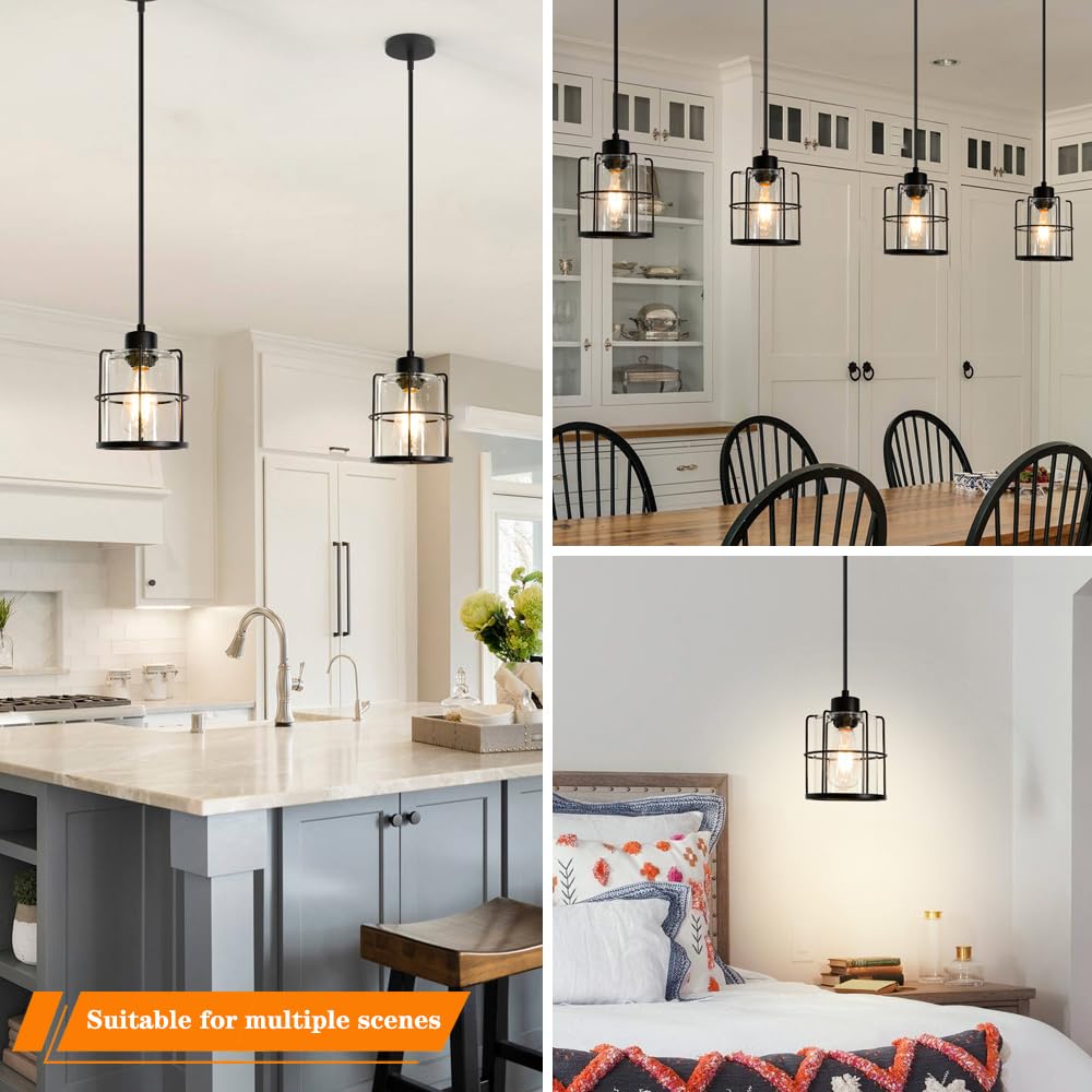 Farmhouse Pendant Lights Kitchen Island Set Of 2  Black Kitchen Island Lighting With Adjustable Rods  Industrial Cage Bathroom Pendant Lights With Clear Glass For Dining Room Hallway Sink