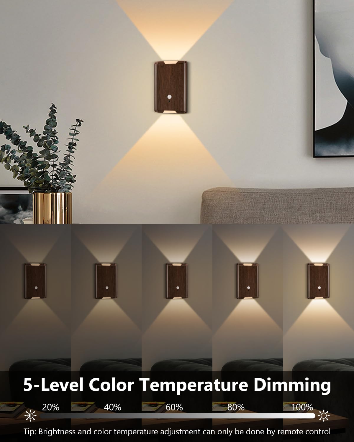 Rechargeable Motion Sensor Wall Sconce Set Of 2 - 5000Mah Wireless Battery Operated Wall Light Indoor  3 Colors Up/Down Lighting Magnetic Night Light With Remote Control For Bedroom  Hallway (Walnut)