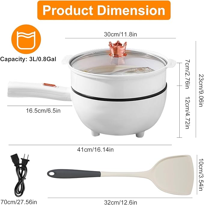 Electric Hot Pot Portable Travel Cooker Non-Stick Frying Pan with Steamer Long Handle Dual Power Control for Travel Dorm Home RV