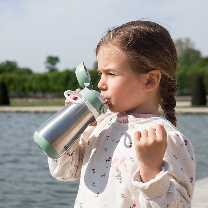 BEABA Kids Stainless Steel Insulated Water Bottle, Kids Water Bottle, Toddler Thermos with Spill Proof Spout and Close Top, Perfect for Travel, (Sage)