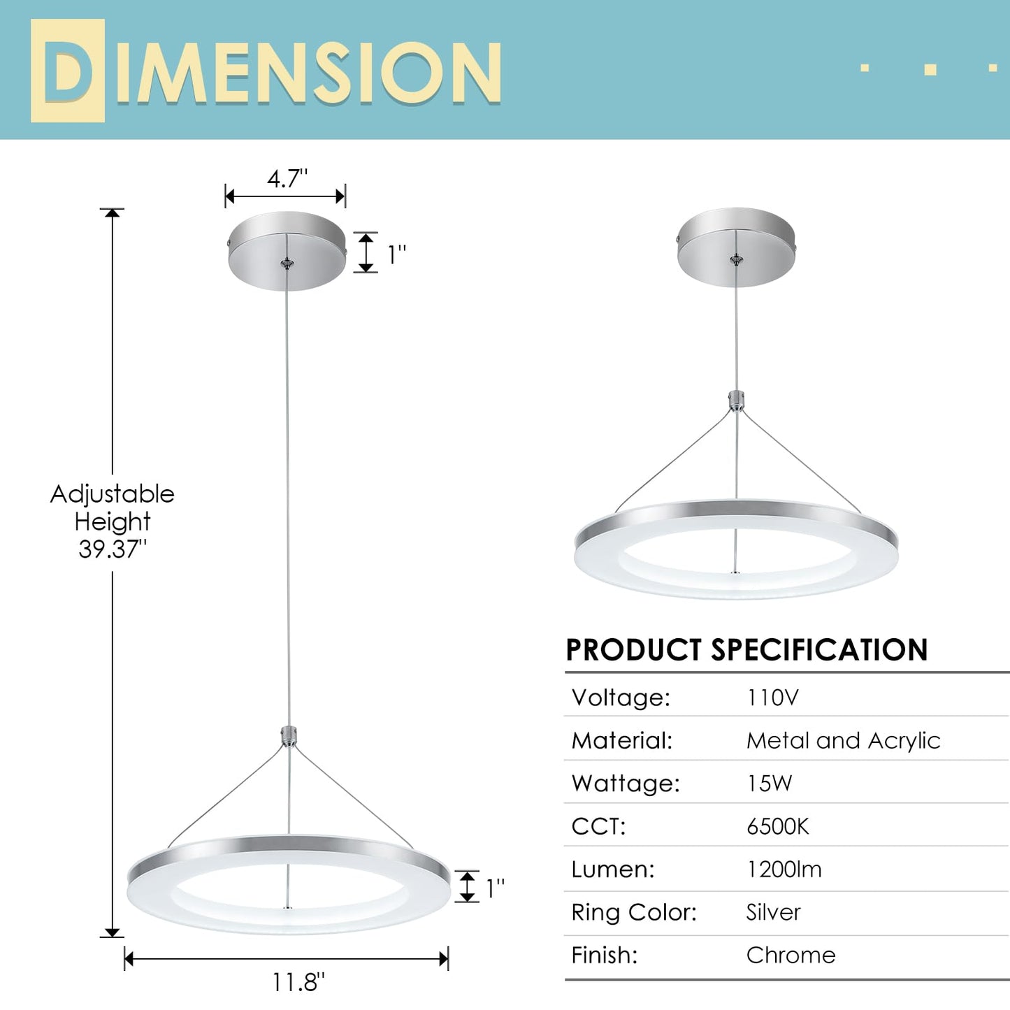 CHYING 3 Pack LED Pendant Lights, Adjustable Height Silver Chandelier, 11.8in Cool White 6500K, Model DD-004-300W-new-3