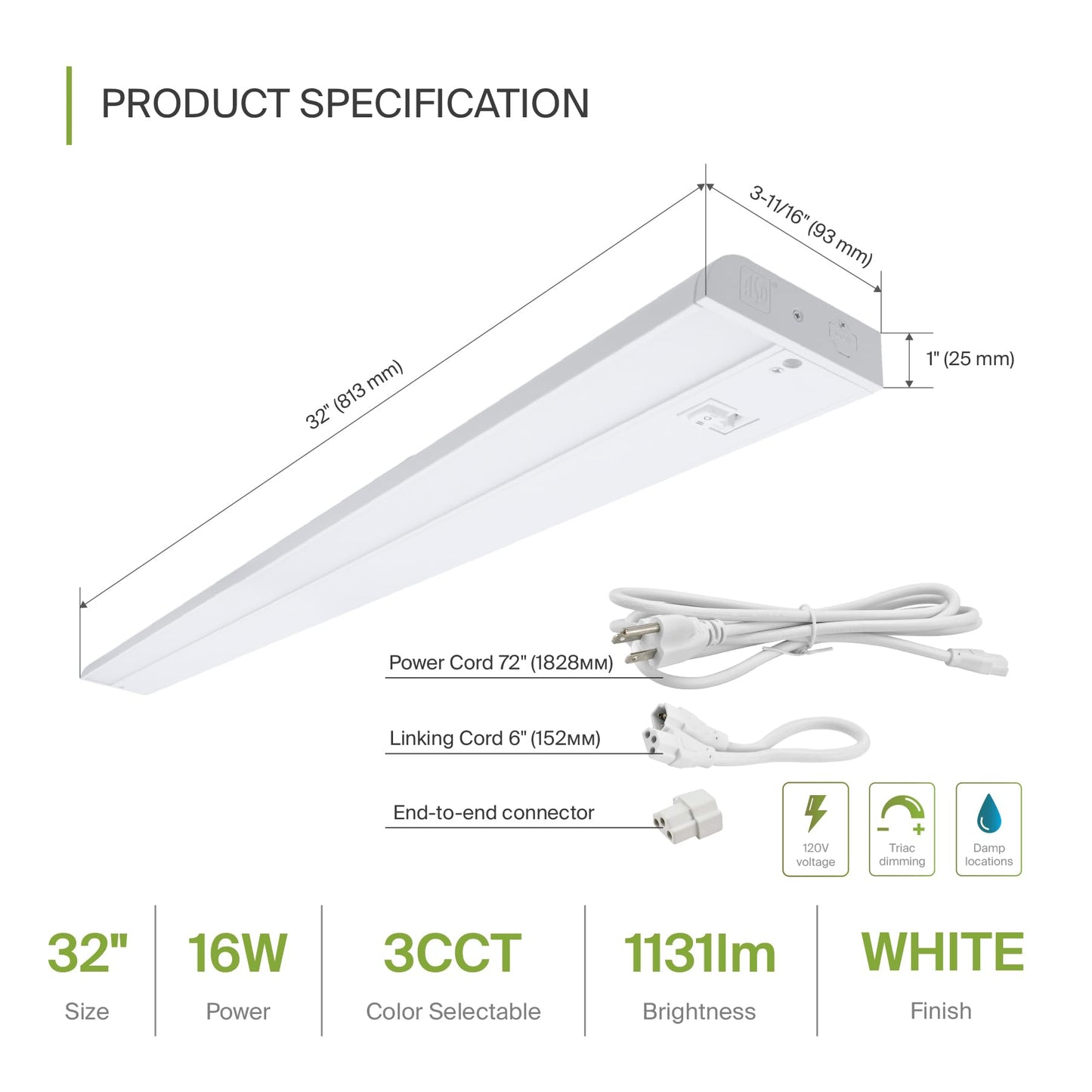 Asd Led Under Cabinet Lighting 32 Inch, Dimmable, Hardwired/Plug-In, 3 Color Levels, Aluminum, White Finish, Model Asd-Ucl-32D16Cc-Wh