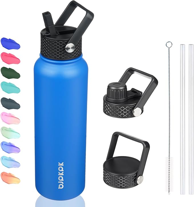 BJPKPK Insulated Water Bottles with Straw Lid, 40oz Stainless Steel Water Bottles with 3 Lids, BPA Free Leakproof Thermo, Tumblers, Cups for Sports, Gym- Sapphire