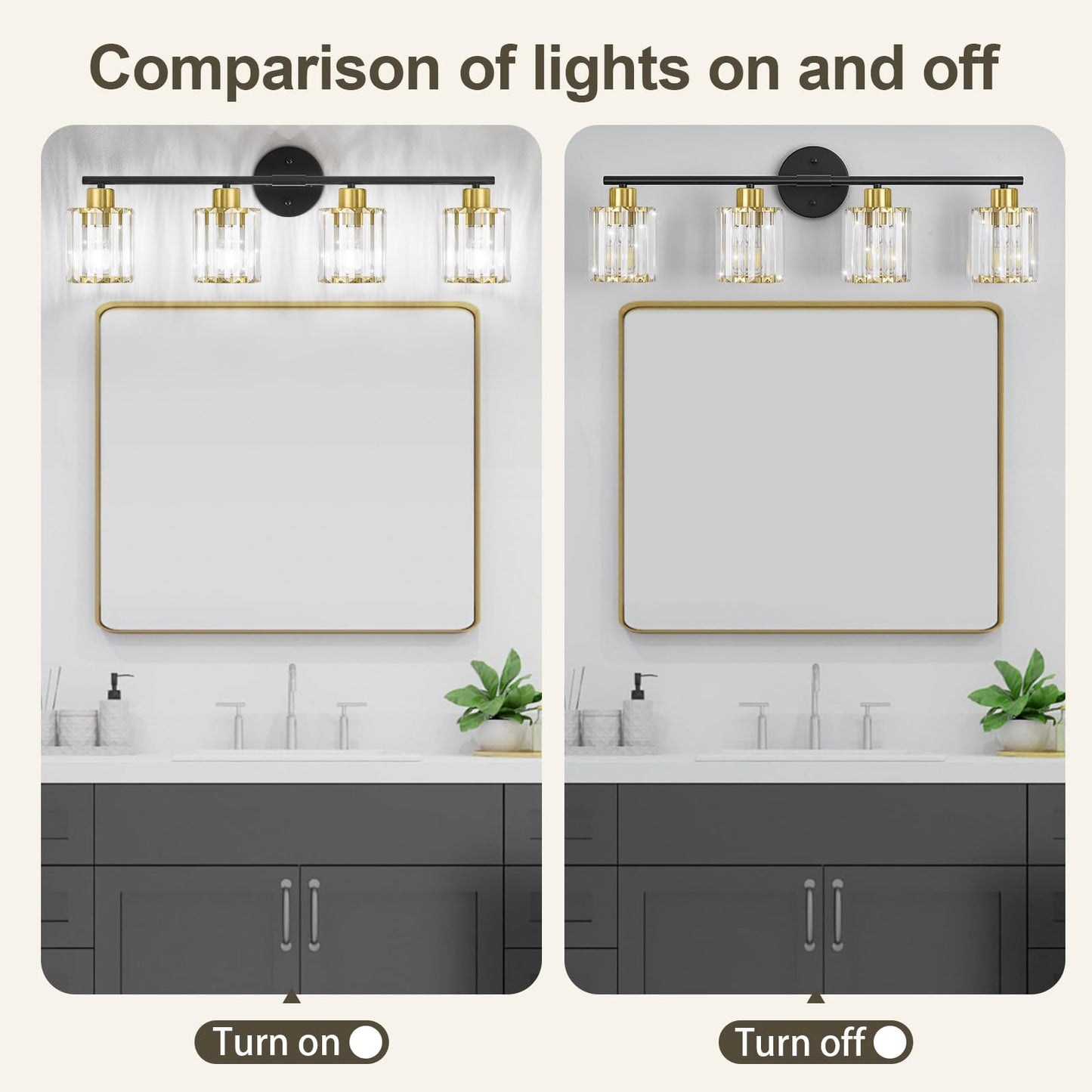 Kvhiiw Crystal Bathroom Light Fixtures, Bathroom Lighting Fixtures Over Mirror, Modern Black Gold 4-Light Vanity Lights for Mirror, Restroom, Bedroom (Ceramic E26 Socket,Bulbs Not Include)