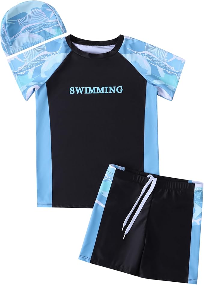 Hotfiary Boys Rash Guard Swimsuits Set Two Piece Short Sleeve Swim Shirts with Trunks Quick Dry Bathing Suit Swimwear 8-15 Y