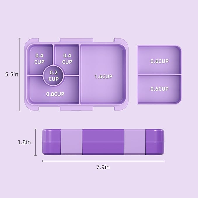 Bento Lunch Box for Kids, 6 Compartments BPA Free, Dishwasher Safe Back to School Snack Bento Lunch Containers Boxes, Ideal Portion Sizes for On-the-Go Meal, Ages 3+, School, Purple