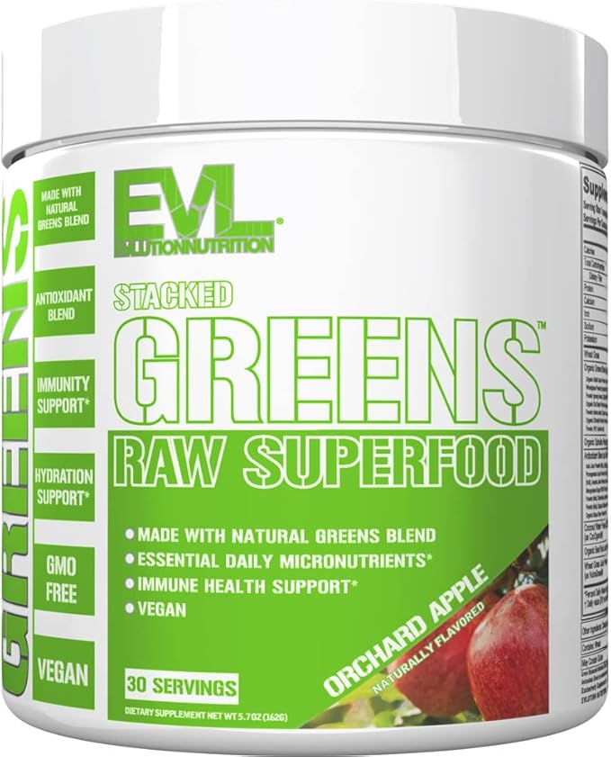 Evlution Nutrition Stacked Greens - Raw Superfood - Made with Natural Greens Blend + Essential Daily Micronutrients - Immunity + Hydration Support - Vegan & GMO-Free - 30 Servings - Orchard Apple