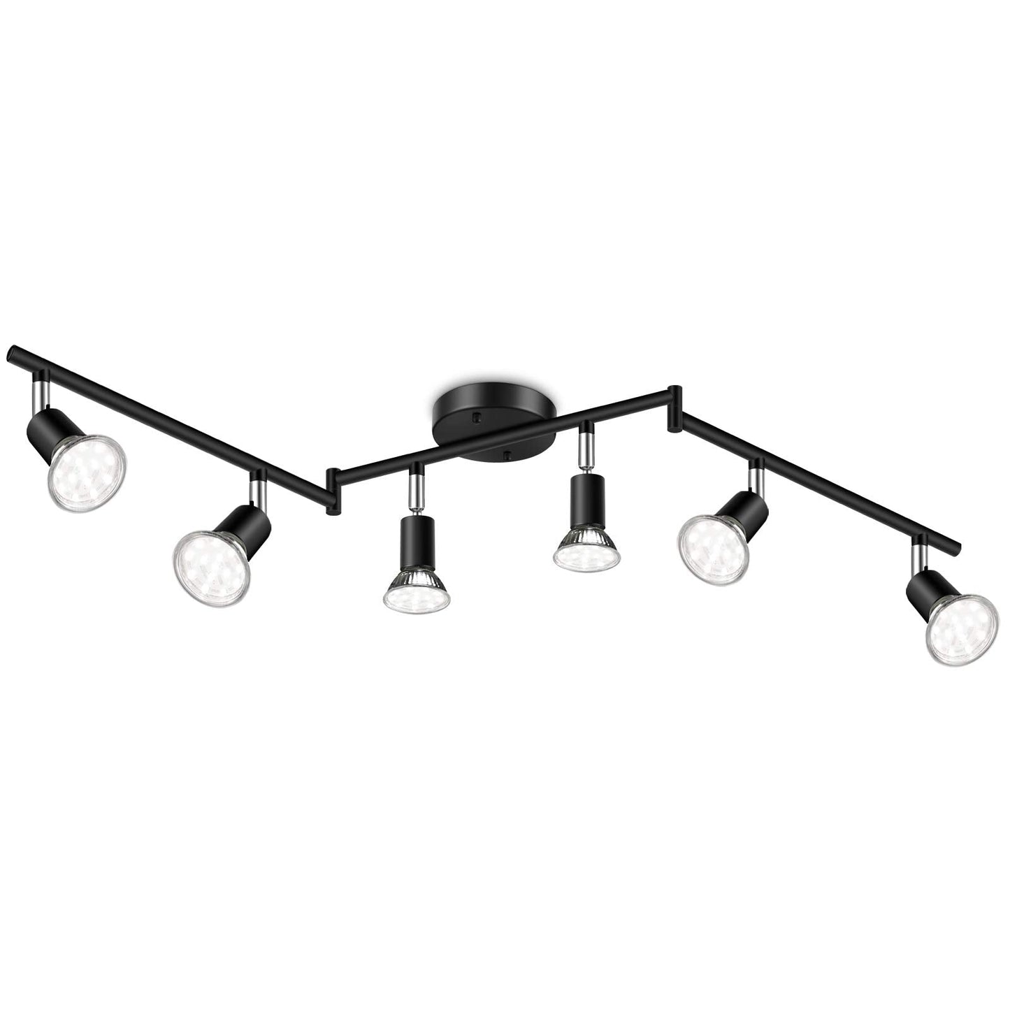 Ascher 6-Light LED Track Lighting Kit, Flexibly Rotatable Light Heads, 6 Way Ceiling Spotlight Black Finish, Including 6 GU10 LED Bulbs (4W 400LM Daylight White 5000K)