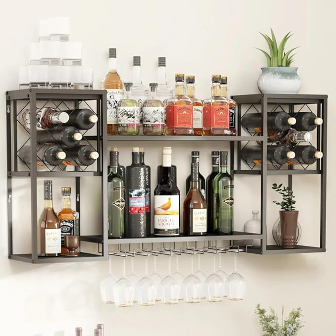 Wall Mounted Wine Rack, Multi Functional Bar Shelves for Liquor Bottles with Glass Holder, Modern Metal Bar Shelves Wall Mounted for Home Bar, Kitchen (Black, 47.3" L x 9.9" W x 23.6" H)
