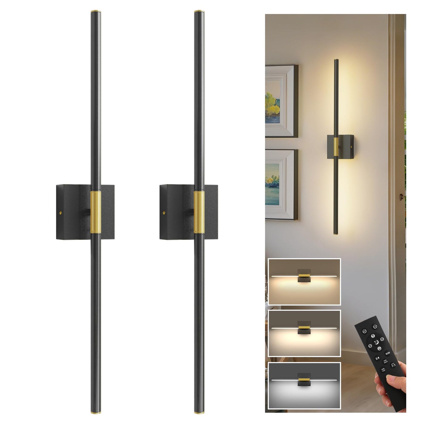 L LOHAS LED Wall Sconces Set of 2, 28.1in, Black and Gold, Rechargeable, 10000mAh, 3CCT Wireless Lighting for Bedroom and