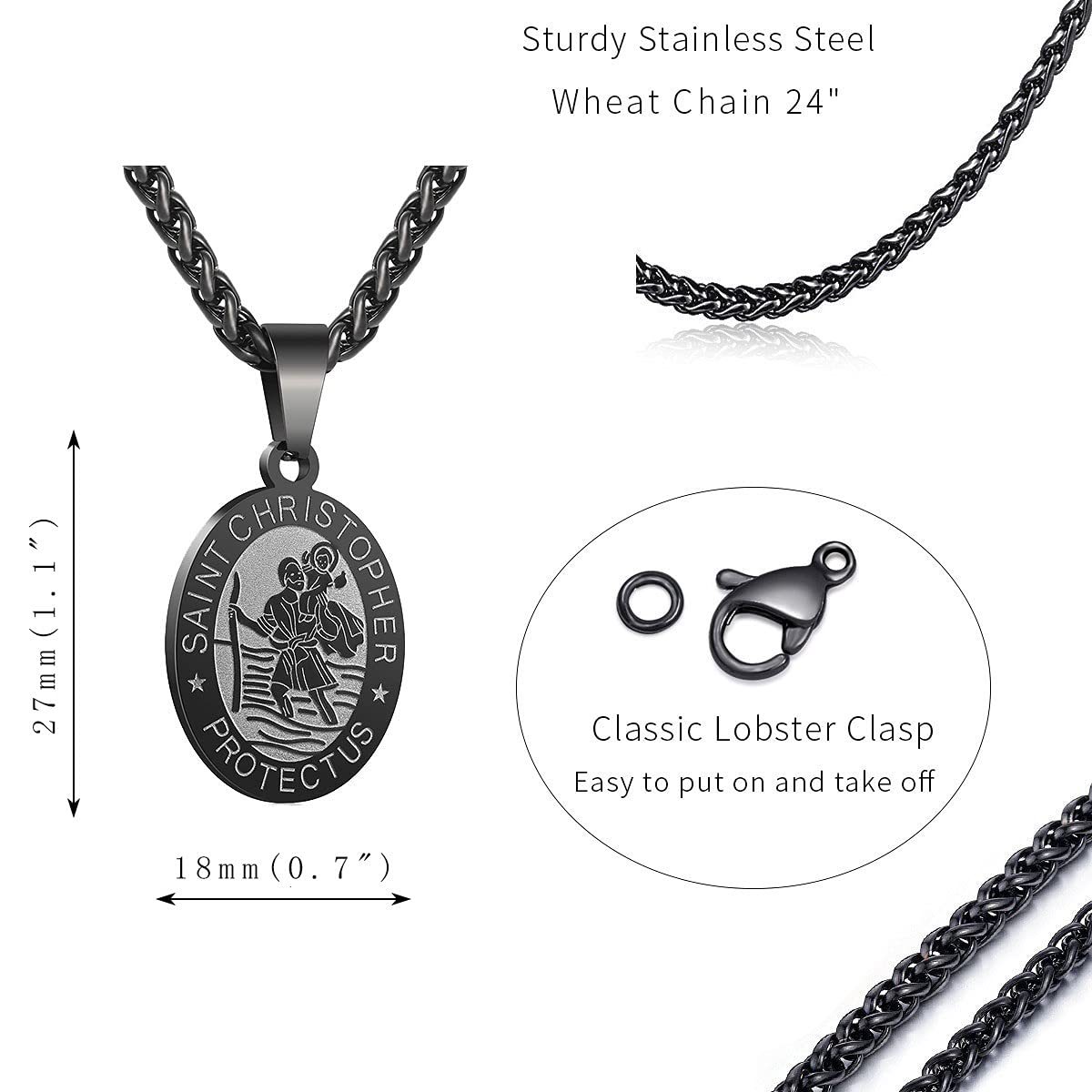P. BLAKE Saint Christopher Medal Necklace for Men Teen Boys, Black St Christopher Pendant Chain Catholic Religious Jewelry First