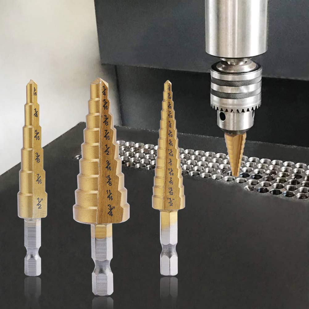 Aleric Step Drill Bit Set - Titanium Coated, High Speed Steel Drill Cone Bits for Aluminum, Wood and Plastic Hole Drilling Cutting, Multi Size Hole Stepped Up Unibit for DIY Lovers,3pcs