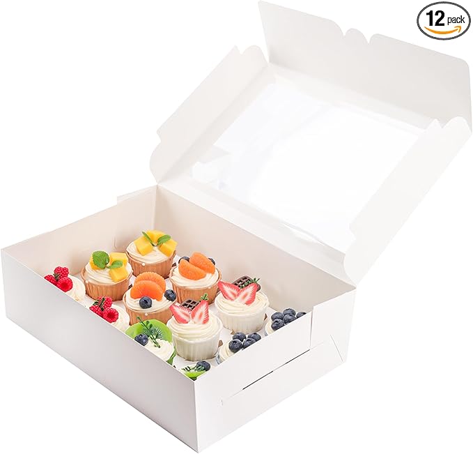 YunKo 15 Pack Dozen Cupcake Boxes White Cupcake Containers with Window Fit 12 Cupcakes or Muffins