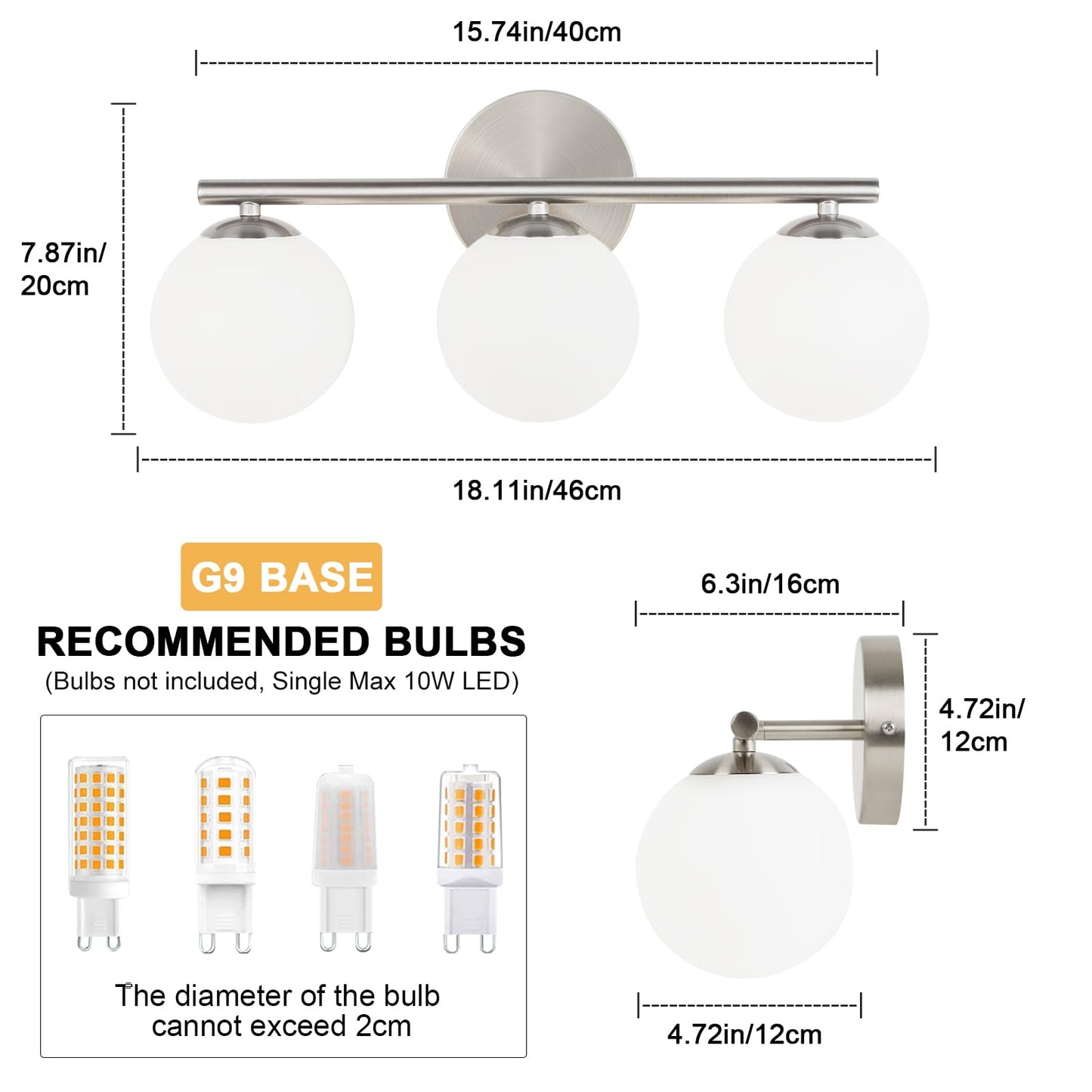 Foucasal Brushed Nickel Bathroom Light Fixtures 3-Light Globe Vanity Light With Plastic Milk White Globe Shades 11.81 Inch Wall Sconce Lighting Over Mirror Vanity Lights For Bathroom Bedroom Hallway