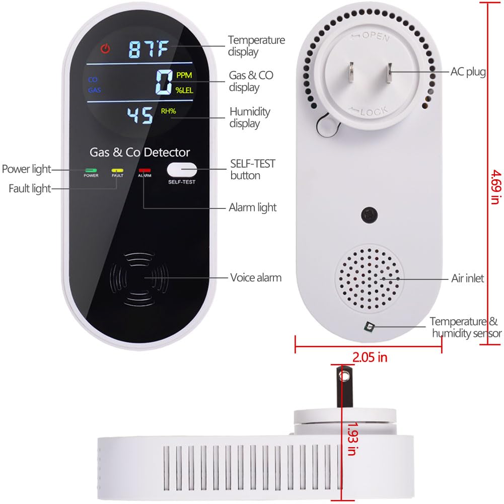 Combination Gas & Carbon Monoxide Detector Plug in Wall, WESHLGD Portable Natural Gas and Carbon Monoxide Detector for Travel, 4 in 1 CO and Gas Detector with Temperature Humidity Display - 1Pack