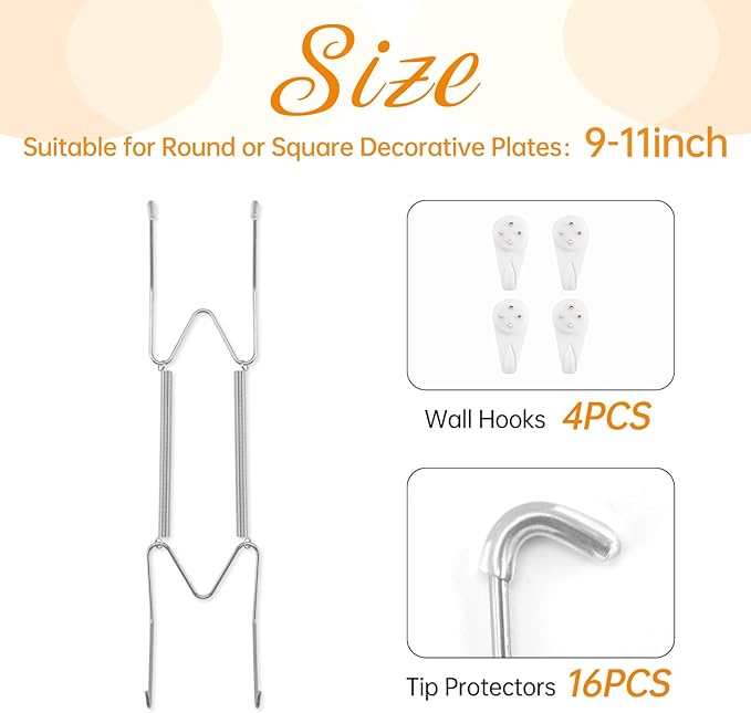 4 Pack Plate Hangers for The Wall, Suitable for 9-11 inch Art Plate, Stainless Steel Invisible Heavy Duty Wire Plate Holder with Wall Hooks, Plate Hangers for Displaying Plates, Platter, Dish, Silver