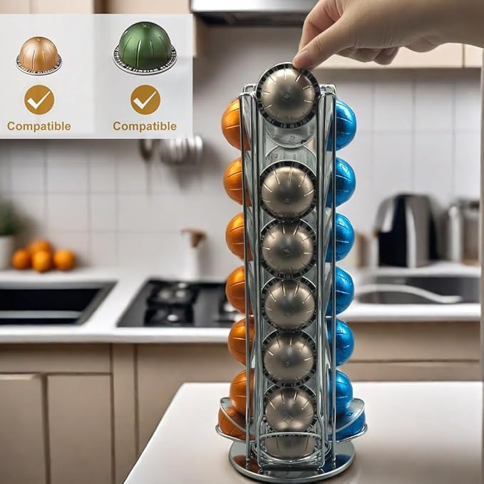Vertuo Pod Holder Carousel Stand for 28 Nespresso Vertuo Capsule Storage Organizer with Extra Space for Coffee Mate Silent Rolling