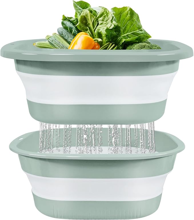 Collapsible Colander and Sink Basin Set 4 QT - 2 Pack Set Collapsible Strainer with Collapsible Wash Basin for Kitchen, RV Camping, Foldable Fruit Vegetable Washing Basket, 4 QT, Blue