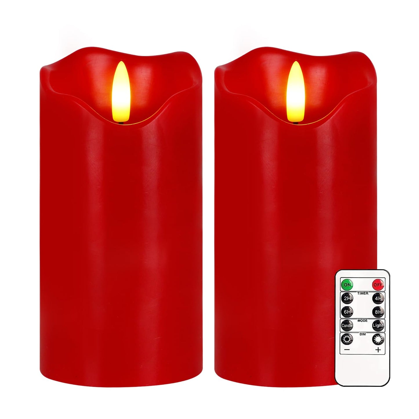 VEEKI Flameless Candles Light, Set of 2 6"x3" Flickering Christmas Flameless Candles with Remote & Timer, Dimmable Real Wax Pillar Candles Battery Operated, Red Candles for Home Xmas Decor (Red)