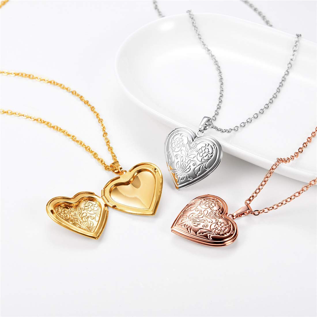 U7 Heart Locket Necklace with Blooming Flower Grain 18K Real Gold Plated Cable Link Chain Photo Locket Pendant for Women