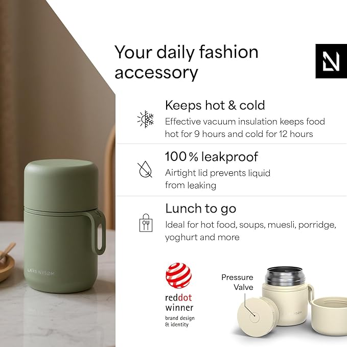 LARS NYSØM Stainless Steel Vacuum Insulated Food Jar - Leakproof Lunch Pot & Lunch Jar for Hot and Cold Food, Wide Mouth, Portable Soup Container for Work & Travel (Almond Beige, 12oz)