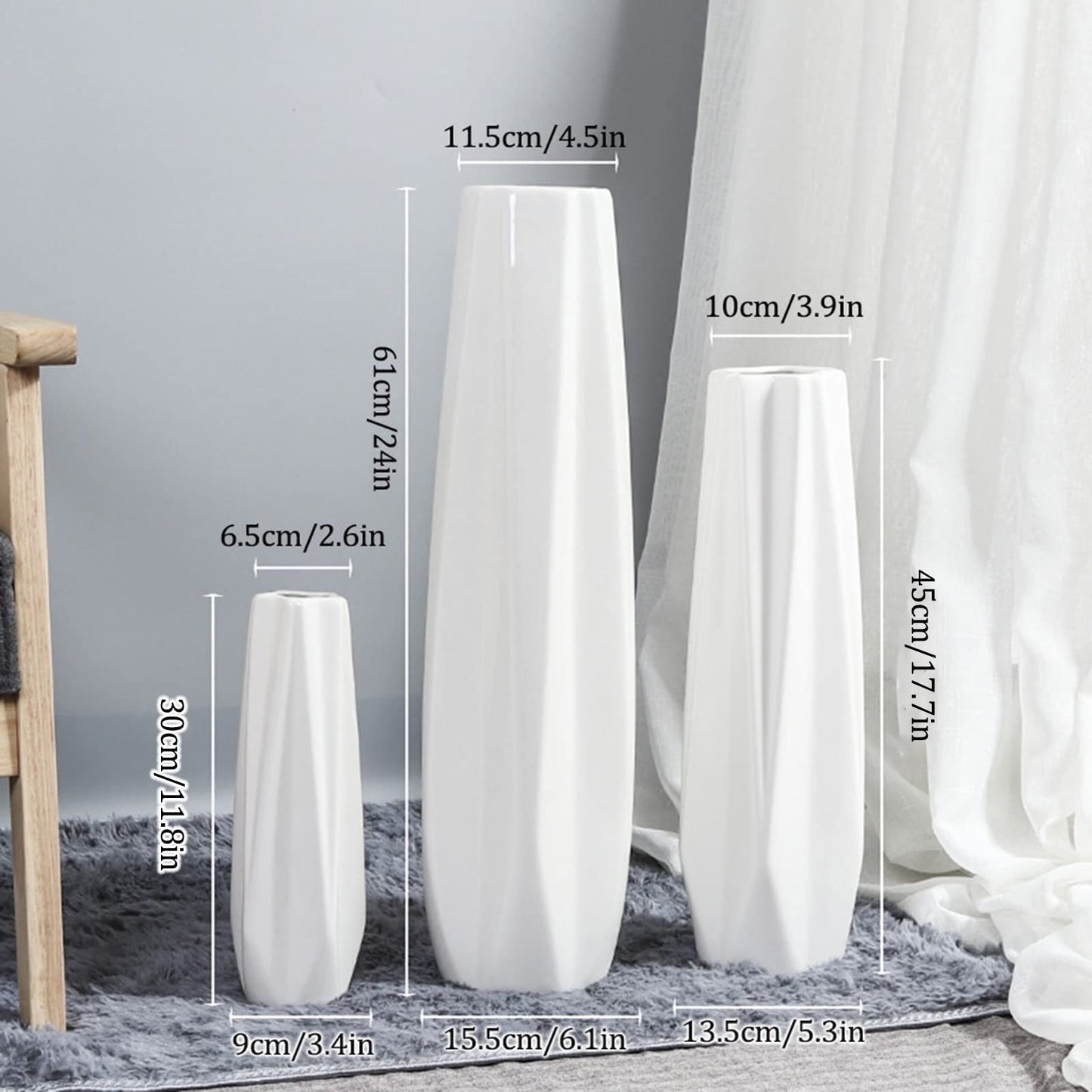 FKTHYO Floor vase Ceramic Vase,Decorative Large,Floor, Large Floor Vase,White Ceramic Vase,Handcrafted,Sophisticated Vessel for Decorative Branches and Dried Flowers (White 45cm)