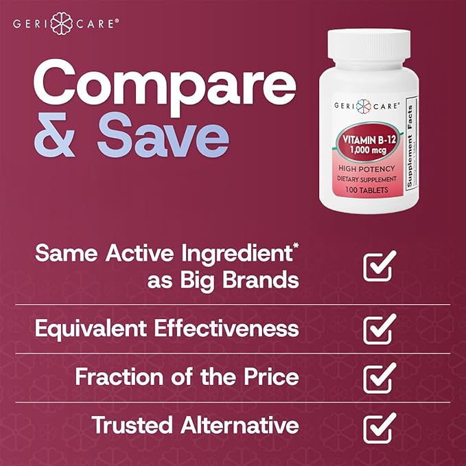 GeriCare Vitamin B-12 1000mcg High Potency Tablets, Premium Dietary Supplement for Boosting Energy, Supporting Brain Health, and Maintaining a Healthy Nervous System 100 Count (Pack of 1)